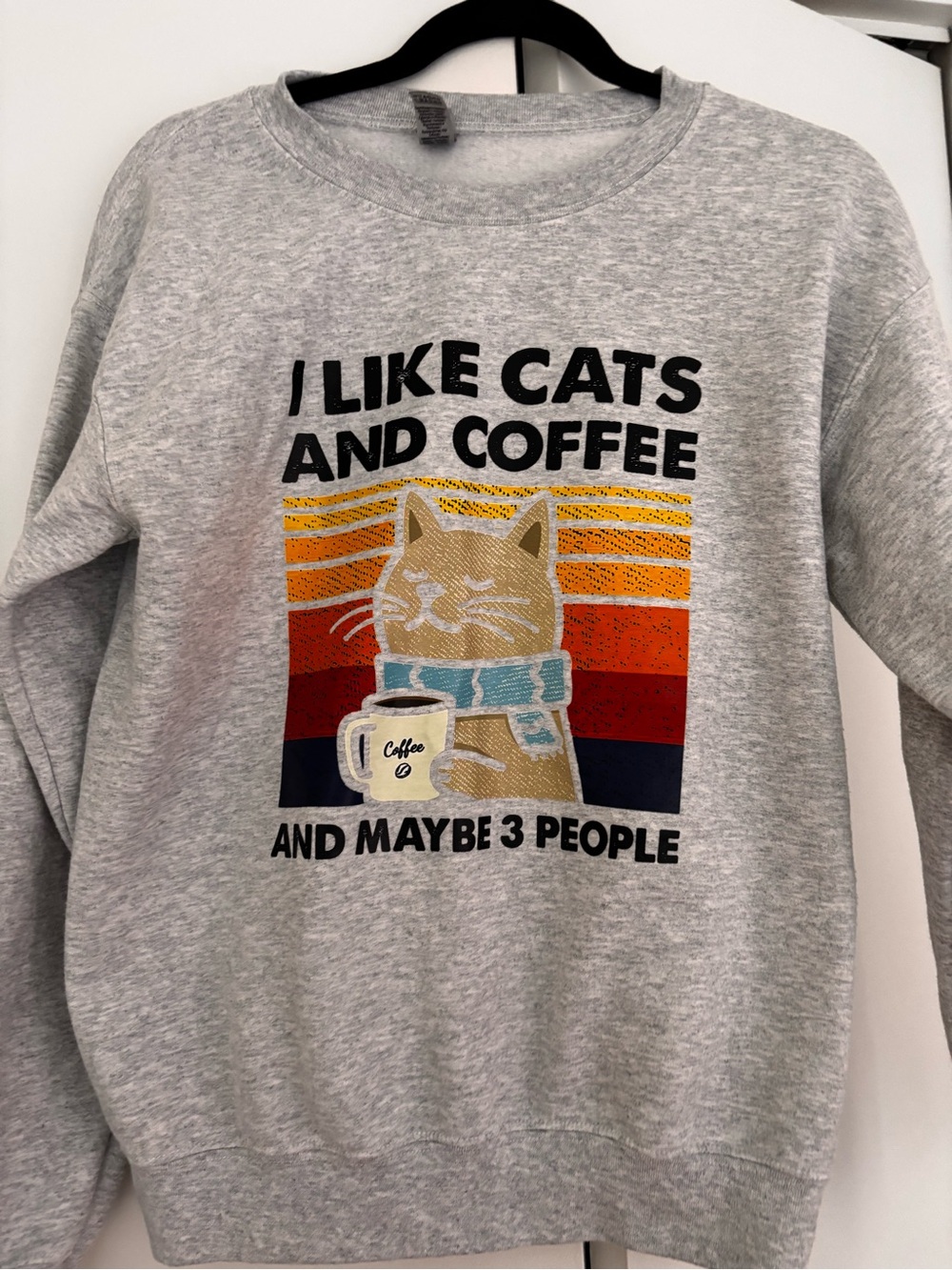 Gildan Grey Cat & Coffee Graphic Sweatshirt with Retro Stripes